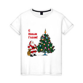 Женская футболка хлопок с принтом Ded Moroz в Екатеринбурге, 100% хлопок | прямой крой, круглый вырез горловины, длина до линии бедер, слегка спущенное плечо | Тематика изображения на принте: 2012 | new year | дед | дед мороз | елка | елочка | нг | новый 2012 | новый год | подарки | санта | санта клаус