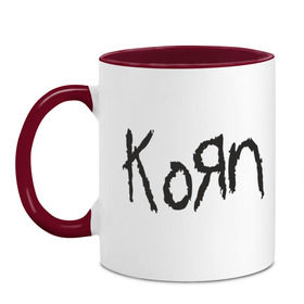 Кружка двухцветная с принтом Korn в Екатеринбурге, керамика | объем — 330 мл, диаметр — 80 мм. Цветная ручка и кайма сверху, в некоторых цветах — вся внутренняя часть | korn | группы | корн | метал | музыка | рок