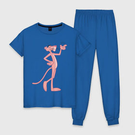 Женская пижама хлопок с принтом PinkPanther в Екатеринбурге, 100% хлопок | брюки и футболка прямого кроя, без карманов, на брюках мягкая резинка на поясе и по низу штанин | Тематика изображения на принте: pink panther | розовая пантера