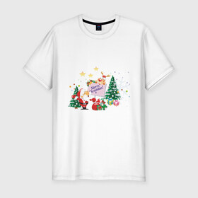 Мужская футболка премиум с принтом Merry Christmas в Екатеринбурге, 92% хлопок, 8% лайкра | приталенный силуэт, круглый вырез ворота, длина до линии бедра, короткий рукав | 2012 | new year | дед мороз | елка | елочка | нг | новогодний | новый 2012 | новый год | олень | подарки | санта | санта клаус | снеговик