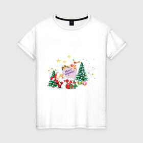 Женская футболка хлопок с принтом Merry Christmas в Екатеринбурге, 100% хлопок | прямой крой, круглый вырез горловины, длина до линии бедер, слегка спущенное плечо | 2012 | new year | дед мороз | елка | елочка | нг | новогодний | новый 2012 | новый год | олень | подарки | санта | санта клаус | снеговик