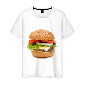Мужская футболка хлопок с принтом Гамбургер в Екатеринбурге, 100% хлопок | прямой крой, круглый вырез горловины, длина до линии бедер, слегка спущенное плечо. | Тематика изображения на принте: burger | fastfood | gamburger | бургер | гамбургер | еда | пища | фаст фуд | фастфуд