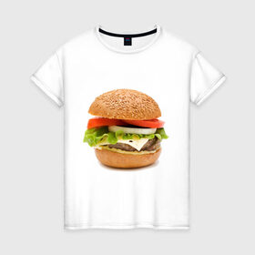 Женская футболка хлопок с принтом Гамбургер в Екатеринбурге, 100% хлопок | прямой крой, круглый вырез горловины, длина до линии бедер, слегка спущенное плечо | burger | fastfood | gamburger | бургер | гамбургер | еда | пища | фаст фуд | фастфуд