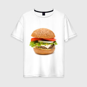 Женская футболка хлопок Oversize с принтом Гамбургер в Екатеринбурге, 100% хлопок | свободный крой, круглый ворот, спущенный рукав, длина до линии бедер
 | burger | fastfood | gamburger | бургер | гамбургер | еда | пища | фаст фуд | фастфуд