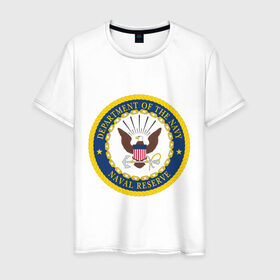 Мужская футболка хлопок с принтом Военно-морское министерство США в Екатеринбурге, 100% хлопок | прямой крой, круглый вырез горловины, длина до линии бедер, слегка спущенное плечо. | нави