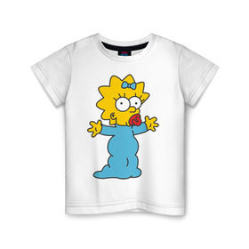 Детская футболка хлопок с принтом Maggie Simpson в Екатеринбурге, 100% хлопок | круглый вырез горловины, полуприлегающий силуэт, длина до линии бедер | Тематика изображения на принте: гомер
