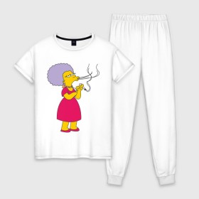 Женская пижама хлопок с принтом Patty Bouvier в Екатеринбурге, 100% хлопок | брюки и футболка прямого кроя, без карманов, на брюках мягкая резинка на поясе и по низу штанин | simpsons | симпсоны | симсоны