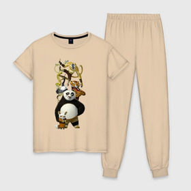 Женская пижама хлопок с принтом Кунг фу Панда (10) в Екатеринбурге, 100% хлопок | брюки и футболка прямого кроя, без карманов, на брюках мягкая резинка на поясе и по низу штанин | Тематика изображения на принте: kung fu panda | panda | кунг фу | кунг фу панда