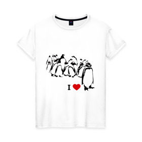 Женская футболка хлопок с принтом Я люблю пингвинов в Екатеринбурге, 100% хлопок | прямой крой, круглый вырез горловины, длина до линии бедер, слегка спущенное плечо | i love | penguin | птицы | сердце