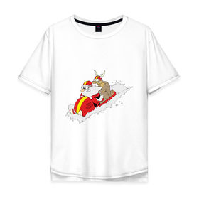 Мужская футболка хлопок Oversize с принтом Санта с оленем в Екатеринбурге, 100% хлопок | свободный крой, круглый ворот, “спинка” длиннее передней части | new year | дед | дед мороз | нг | олень | санта | санта клаус