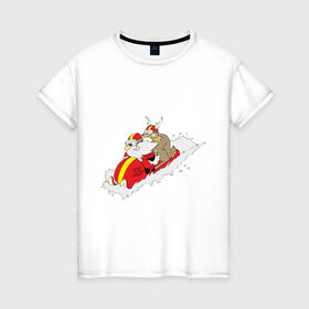 Женская футболка хлопок с принтом Санта с оленем в Екатеринбурге, 100% хлопок | прямой крой, круглый вырез горловины, длина до линии бедер, слегка спущенное плечо | new year | дед | дед мороз | нг | олень | санта | санта клаус