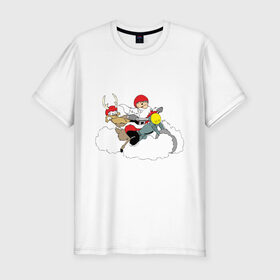 Мужская футболка премиум с принтом Санта-байкер в Екатеринбурге, 92% хлопок, 8% лайкра | приталенный силуэт, круглый вырез ворота, длина до линии бедра, короткий рукав | 2012 | new year | дед | дед мороз | нг | новый 2012 | новый год | олень | санта | санта клаус