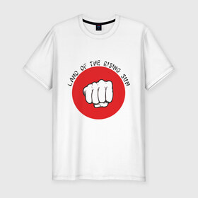 Мужская футболка премиум с принтом Страна восходящего солнца в Екатеринбурге, 92% хлопок, 8% лайкра | приталенный силуэт, круглый вырез ворота, длина до линии бедра, короткий рукав | Тематика изображения на принте: land of the rising sun | кулак | страна восходящего солнца | флаг японии | япония