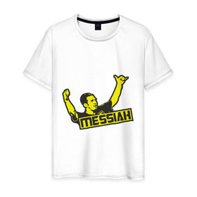 Мужская футболка хлопок с принтом Лионель Месси в Екатеринбурге, 100% хлопок | прямой крой, круглый вырез горловины, длина до линии бедер, слегка спущенное плечо. | месси