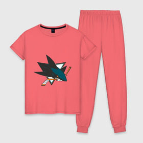 Женская пижама хлопок с принтом San Jose Sharks в Екатеринбурге, 100% хлопок | брюки и футболка прямого кроя, без карманов, на брюках мягкая резинка на поясе и по низу штанин | национальная хоккейная лига | нхл | сан хосе шаркс