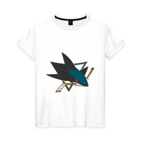 Женская футболка хлопок с принтом San Jose Sharks в Екатеринбурге, 100% хлопок | прямой крой, круглый вырез горловины, длина до линии бедер, слегка спущенное плечо | Тематика изображения на принте: национальная хоккейная лига | нхл | сан хосе шаркс