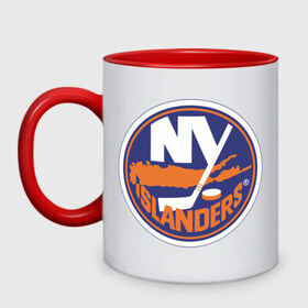 Кружка двухцветная с принтом New York Islanders в Екатеринбурге, керамика | объем — 330 мл, диаметр — 80 мм. Цветная ручка и кайма сверху, в некоторых цветах — вся внутренняя часть | Тематика изображения на принте: new york islanders | nhl | нхл | нью йорк айлендс | нью йорк хоккей | хоккей | хоккейная лига