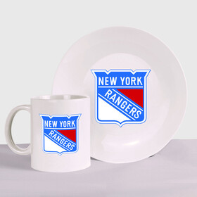 Набор: тарелка + кружка с принтом New York Rangers в Екатеринбурге, керамика | Кружка: объем — 330 мл, диаметр — 80 мм. Принт наносится на бока кружки, можно сделать два разных изображения. 
Тарелка: диаметр - 210 мм, диаметр для нанесения принта - 120 мм. | new york rangers | nhl | национальная хоккейная лига | нью йорк рейнджерс | хоккей | хоккейная лига