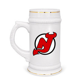 Кружка пивная с принтом New Jersey Devils в Екатеринбурге,  керамика (Материал выдерживает высокую температуру, стоит избегать резкого перепада температур) |  объем 630 мл | национальная хоккейная лига | нхл | нью джерси девилс