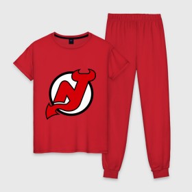 Женская пижама хлопок с принтом New Jersey Devils в Екатеринбурге, 100% хлопок | брюки и футболка прямого кроя, без карманов, на брюках мягкая резинка на поясе и по низу штанин | национальная хоккейная лига | нхл | нью джерси девилс
