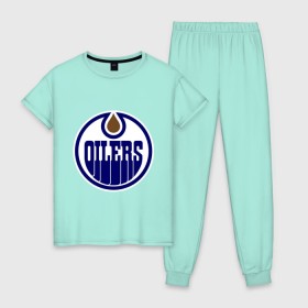 Женская пижама хлопок с принтом Edmonton Oilers в Екатеринбурге, 100% хлопок | брюки и футболка прямого кроя, без карманов, на брюках мягкая резинка на поясе и по низу штанин | edmonton oilers | nhl | нхл | хокей | хоккей | эдмонтон ойлерс