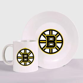 Набор: тарелка + кружка с принтом Boston Bruins в Екатеринбурге, керамика | Кружка: объем — 330 мл, диаметр — 80 мм. Принт наносится на бока кружки, можно сделать два разных изображения. 
Тарелка: диаметр - 210 мм, диаметр для нанесения принта - 120 мм. | нхл | хоккейная лига