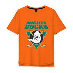 Мужская футболка хлопок Oversize с принтом Anaheim Mighty Ducks в Екатеринбурге, 100% хлопок | свободный крой, круглый ворот, “спинка” длиннее передней части | anaheim mighty ducks | майти дакс | национальная лига калифорнии | хокей | хоккей
