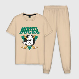 Мужская пижама хлопок с принтом Anaheim Mighty Ducks в Екатеринбурге, 100% хлопок | брюки и футболка прямого кроя, без карманов, на брюках мягкая резинка на поясе и по низу штанин
 | anaheim mighty ducks | майти дакс | национальная лига калифорнии | хокей | хоккей