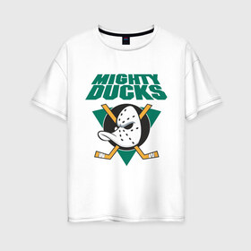 Женская футболка хлопок Oversize с принтом Anaheim Mighty Ducks в Екатеринбурге, 100% хлопок | свободный крой, круглый ворот, спущенный рукав, длина до линии бедер
 | anaheim mighty ducks | майти дакс | национальная лига калифорнии | хокей | хоккей
