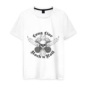 Мужская футболка хлопок с принтом Long Live Rock`n`Roll в Екатеринбурге, 100% хлопок | прямой крой, круглый вырез горловины, длина до линии бедер, слегка спущенное плечо. | rock | rocknroll | гитары | рок | рок н ролл | череп | черепок | черепушка