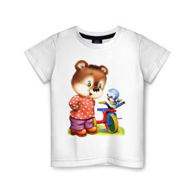 Детская футболка хлопок с принтом Медвежонок в Екатеринбурге, 100% хлопок | круглый вырез горловины, полуприлегающий силуэт, длина до линии бедер | велосипед | медведь | медвеженок | медвежонок | птичка