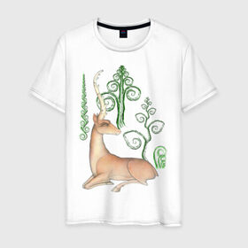 Мужская футболка хлопок с принтом Олень отдыхает в лесу в Екатеринбурге, 100% хлопок | прямой крой, круглый вырез горловины, длина до линии бедер, слегка спущенное плечо. | Тематика изображения на принте: в лесу | животные | олень | олень в лесу | олень отдыхает в лесу | отдыхает