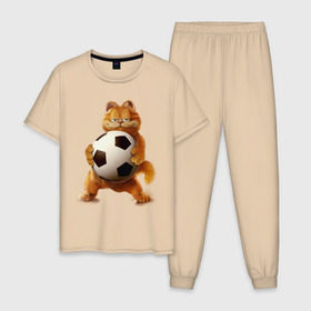 Мужская пижама хлопок с принтом Гарфилд (3) в Екатеринбурге, 100% хлопок | брюки и футболка прямого кроя, без карманов, на брюках мягкая резинка на поясе и по низу штанин
 | garfield | гарфилд | кот | коты | кошки | мульт | мультик | мульфильм | мяч | футбольный мяч