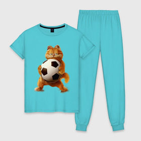 Женская пижама хлопок с принтом Гарфилд (3) в Екатеринбурге, 100% хлопок | брюки и футболка прямого кроя, без карманов, на брюках мягкая резинка на поясе и по низу штанин | garfield | гарфилд | кот | коты | кошки | мульт | мультик | мульфильм | мяч | футбольный мяч