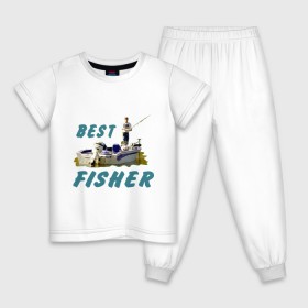 Детская пижама хлопок с принтом Best fisher в Екатеринбурге, 100% хлопок |  брюки и футболка прямого кроя, без карманов, на брюках мягкая резинка на поясе и по низу штанин
 | клев | лодка | лучший рыбак | на рыбалке | ноживка | рыбак в лодке | рыбалка | удочка | улов