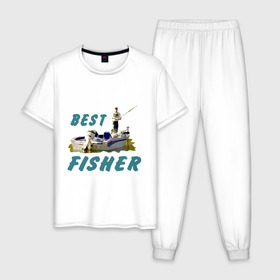 Мужская пижама хлопок с принтом Best fisher в Екатеринбурге, 100% хлопок | брюки и футболка прямого кроя, без карманов, на брюках мягкая резинка на поясе и по низу штанин
 | клев | лодка | лучший рыбак | на рыбалке | ноживка | рыбак в лодке | рыбалка | удочка | улов