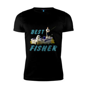 Мужская футболка премиум с принтом Best fisher в Екатеринбурге, 92% хлопок, 8% лайкра | приталенный силуэт, круглый вырез ворота, длина до линии бедра, короткий рукав | клев | лодка | лучший рыбак | на рыбалке | ноживка | рыбак в лодке | рыбалка | удочка | улов