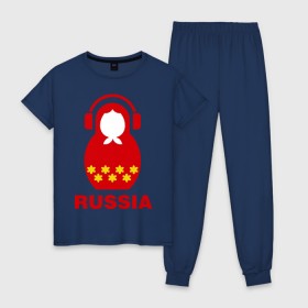 Женская пижама хлопок с принтом Russia dj в Екатеринбурге, 100% хлопок | брюки и футболка прямого кроя, без карманов, на брюках мягкая резинка на поясе и по низу штанин | диджей | матрешка | наушники | россия