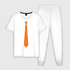 Мужская пижама хлопок с принтом Стильный оранжевый галстук в Екатеринбурге, 100% хлопок | брюки и футболка прямого кроя, без карманов, на брюках мягкая резинка на поясе и по низу штанин
 | гастук | оранжевый | стиль | стильный
