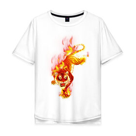 Мужская футболка хлопок Oversize с принтом Тигр в огне в Екатеринбурге, 100% хлопок | свободный крой, круглый ворот, “спинка” длиннее передней части | Тематика изображения на принте: животные | огонь | пламя | тигр в огне | тирг | хищники