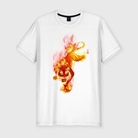 Мужская футболка премиум с принтом Тигр в огне в Екатеринбурге, 92% хлопок, 8% лайкра | приталенный силуэт, круглый вырез ворота, длина до линии бедра, короткий рукав | Тематика изображения на принте: животные | огонь | пламя | тигр в огне | тирг | хищники
