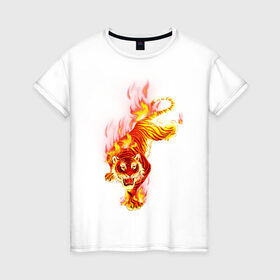 Женская футболка хлопок с принтом Тигр в огне в Екатеринбурге, 100% хлопок | прямой крой, круглый вырез горловины, длина до линии бедер, слегка спущенное плечо | Тематика изображения на принте: животные | огонь | пламя | тигр в огне | тирг | хищники