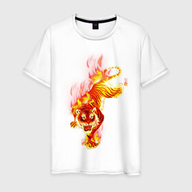 Мужская футболка хлопок с принтом Тигр в огне в Екатеринбурге, 100% хлопок | прямой крой, круглый вырез горловины, длина до линии бедер, слегка спущенное плечо. | животные | огонь | пламя | тигр в огне | тирг | хищники