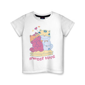 Детская футболка хлопок с принтом Sweer Love в Екатеринбурге, 100% хлопок | круглый вырез горловины, полуприлегающий силуэт, длина до линии бедер | Тематика изображения на принте: sweer love | кошки | любовь | сердечки | сладкая любовь