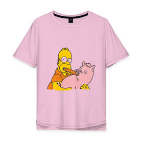 Мужская футболка хлопок Oversize с принтом Гомер и свинья в Екатеринбурге, 100% хлопок | свободный крой, круглый ворот, “спинка” длиннее передней части | Тематика изображения на принте: гомер