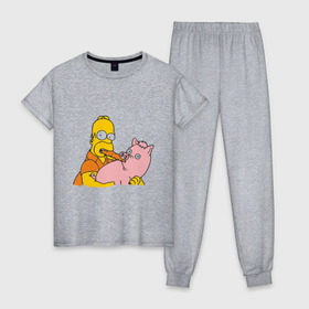 Женская пижама хлопок с принтом Гомер и свинья в Екатеринбурге, 100% хлопок | брюки и футболка прямого кроя, без карманов, на брюках мягкая резинка на поясе и по низу штанин | гомер