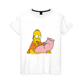 Женская футболка хлопок с принтом Гомер и свинья в Екатеринбурге, 100% хлопок | прямой крой, круглый вырез горловины, длина до линии бедер, слегка спущенное плечо | гомер