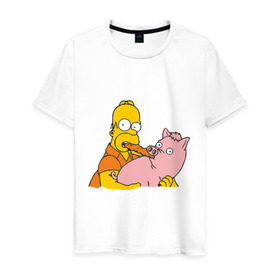 Мужская футболка хлопок с принтом Гомер и свинья в Екатеринбурге, 100% хлопок | прямой крой, круглый вырез горловины, длина до линии бедер, слегка спущенное плечо. | гомер