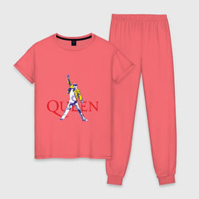 Женская пижама хлопок с принтом Queen(2) в Екатеринбурге, 100% хлопок | брюки и футболка прямого кроя, без карманов, на брюках мягкая резинка на поясе и по низу штанин | rock | классический рок | куин | меркури | меркьюри | рок | фредди | фреди