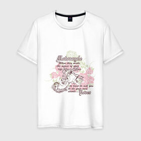 Мужская футболка хлопок с принтом Мото и розы в Екатеринбурге, 100% хлопок | прямой крой, круглый вырез горловины, длина до линии бедер, слегка спущенное плечо. | moto | байк | мото | мотоспорт | роза | цветы | экстрим